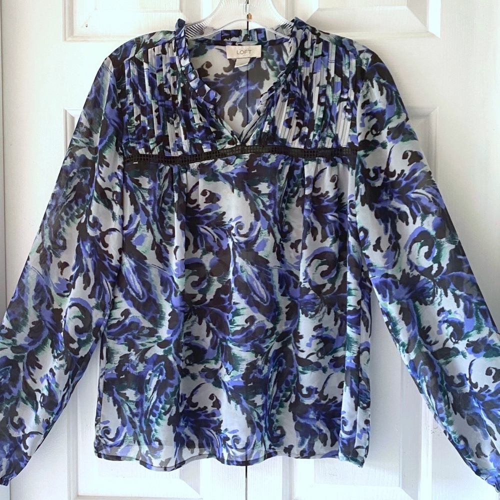 Ann Taylor Loft Womens Blue Black Sheer Top Blouse